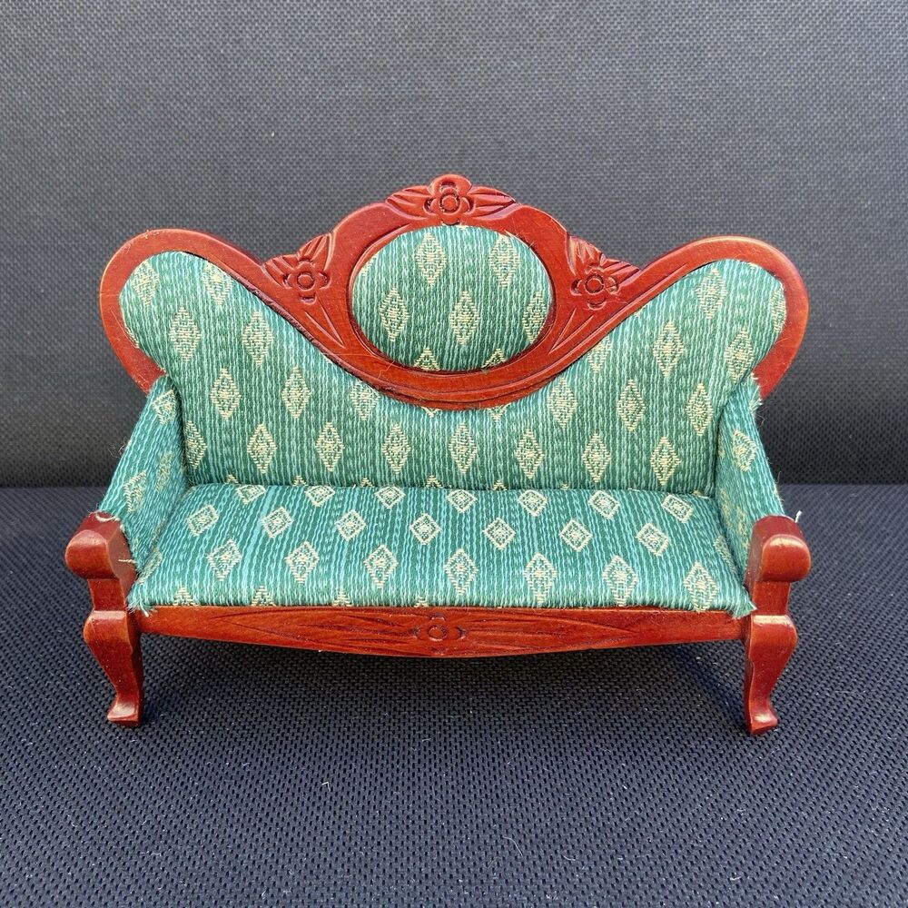 Vintage Dollhouse Sofa – Real Wood Frame, Upholstered Victorian-Style Couch